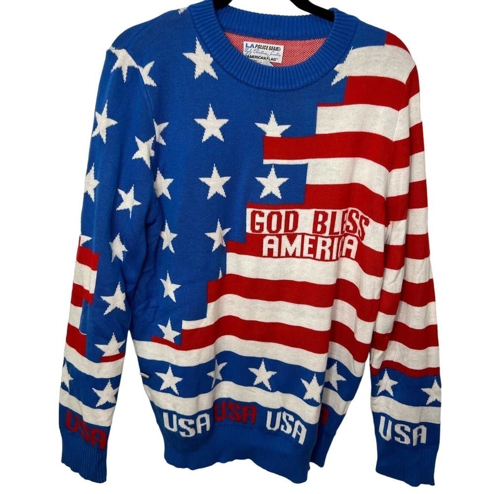VTG LA Police Gear God Bless America Flag USA Oversized Pullover 4th of July M